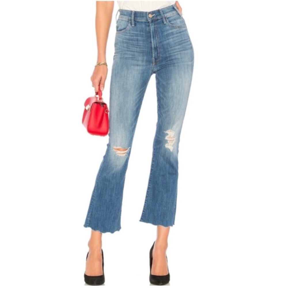 MOTHER Hustler Ankle Chew Super High Rise Raw Hem Medium Wash Distressed Size 25